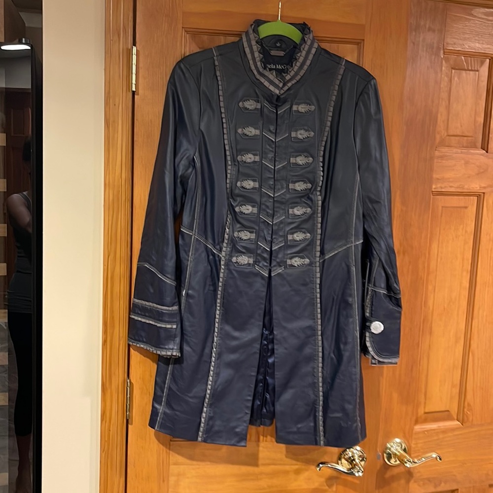 NWT Pamela McCoy Military Style Navy Blue Leather Coat.